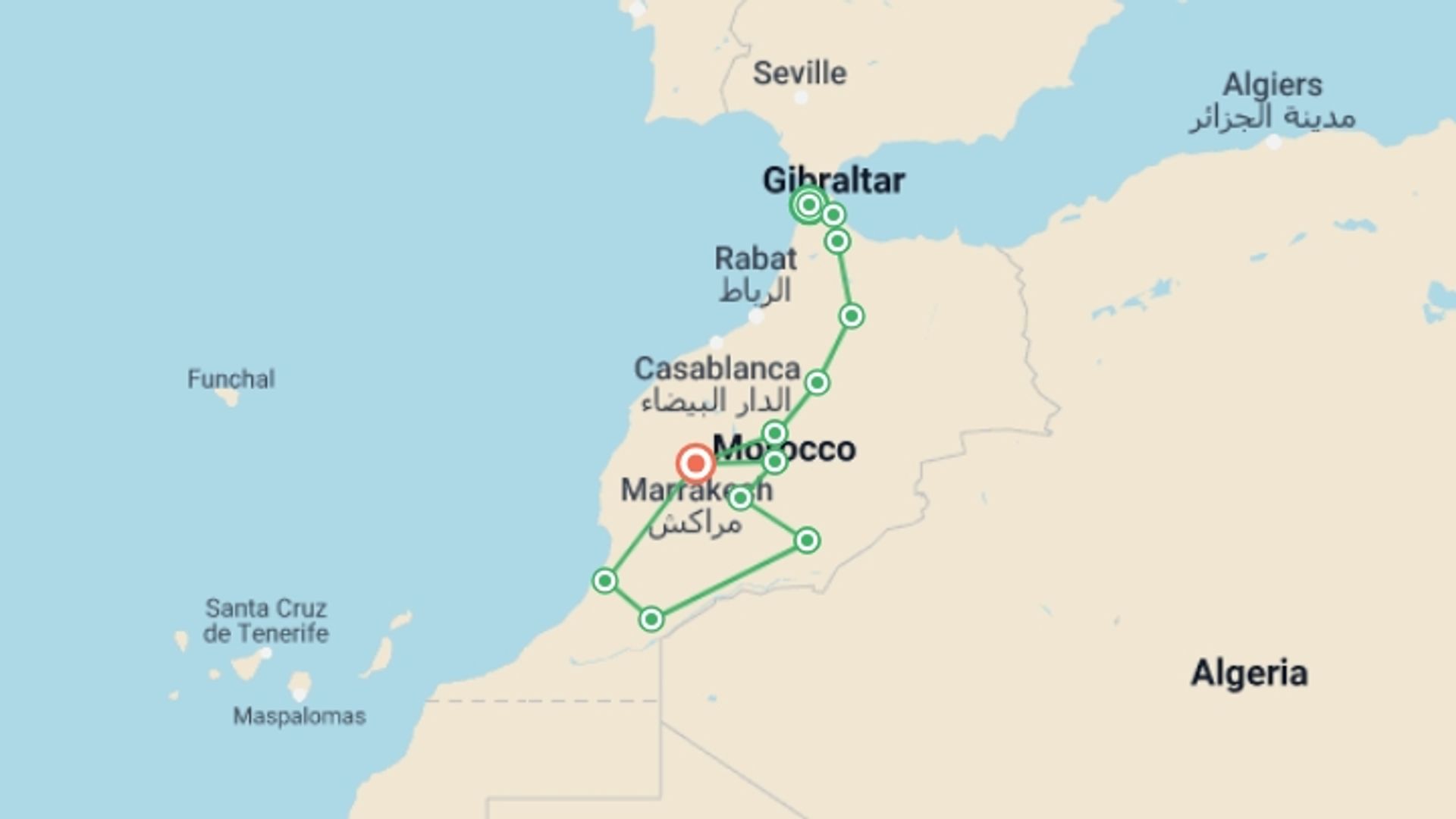A map showing the tour itinerary for the trip: Complete Morocco Active Adventure, starting in Tangier, Morocco and ending in Marrakech, Morocco going through 10 other destinations.