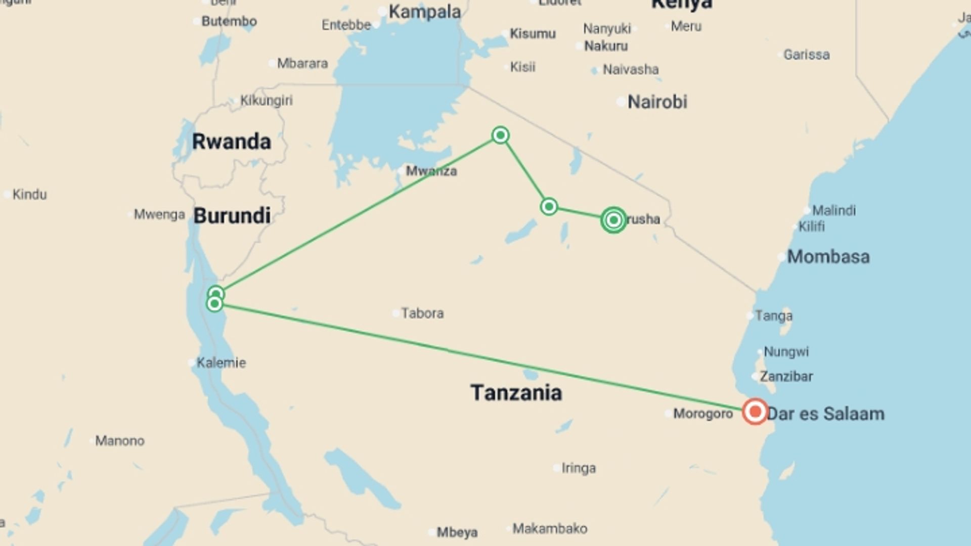 A map showing the tour itinerary for the trip: Tanzania: Chimp Trekking & Serengeti Safari, starting in Arusha, Tanzania and ending in Dar Es Salaam, Tanzania going through 4 other destinations.