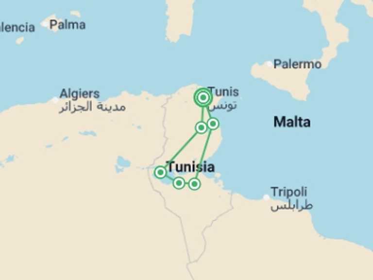 Map itinerary of Tunisia Tour in March 2026 with 6 destination visits for the trip: Best of Tunisia