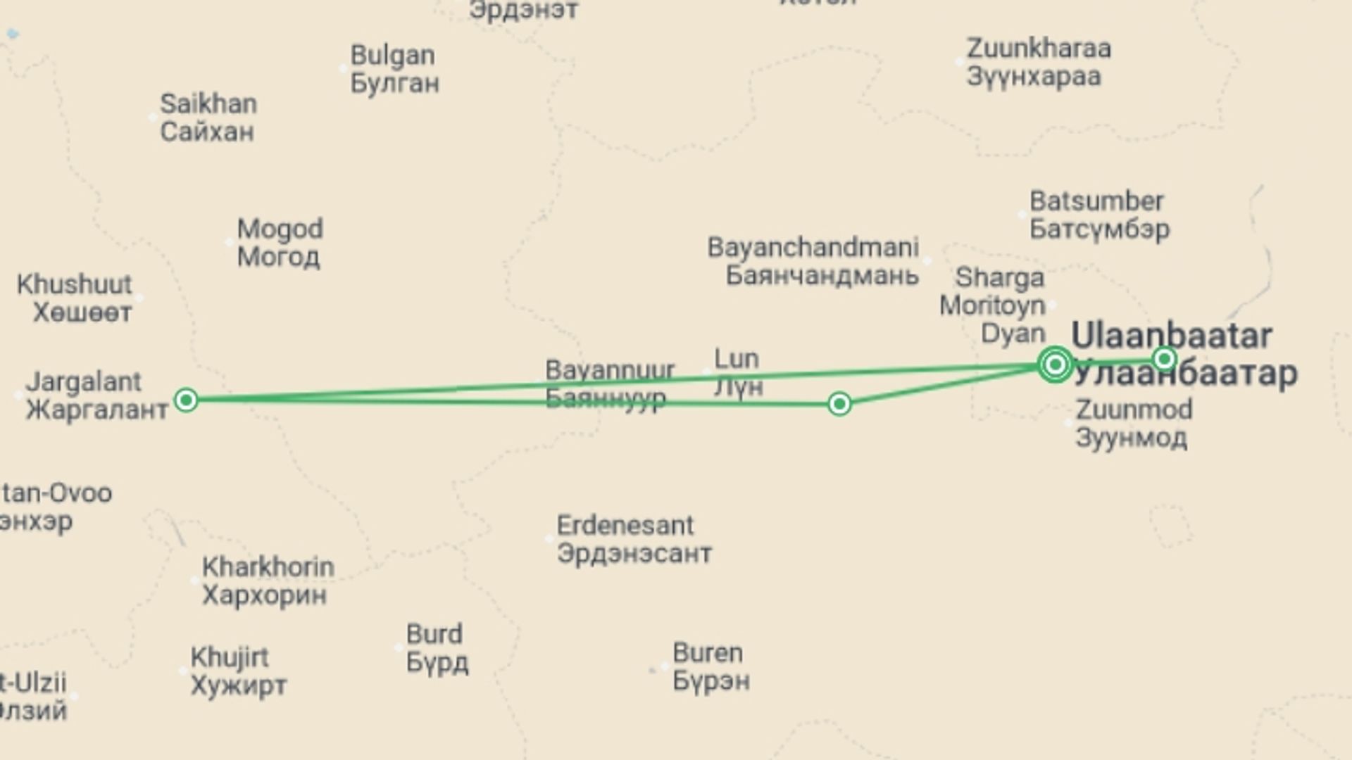 A map showing the tour itinerary for the trip: Grand Tour Mongolia: a Journey Through Time & Naadam Festival, starting in Ulaanbaatar, Mongolia and ending in Ulaanbaatar, Mongolia going through 4 other destinations.
