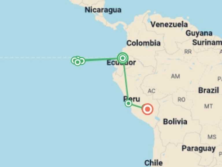 Map itinerary of South America Tour in February 2026 with 10 destination visits for the trip: Galapagos & Inca Trail Adventure