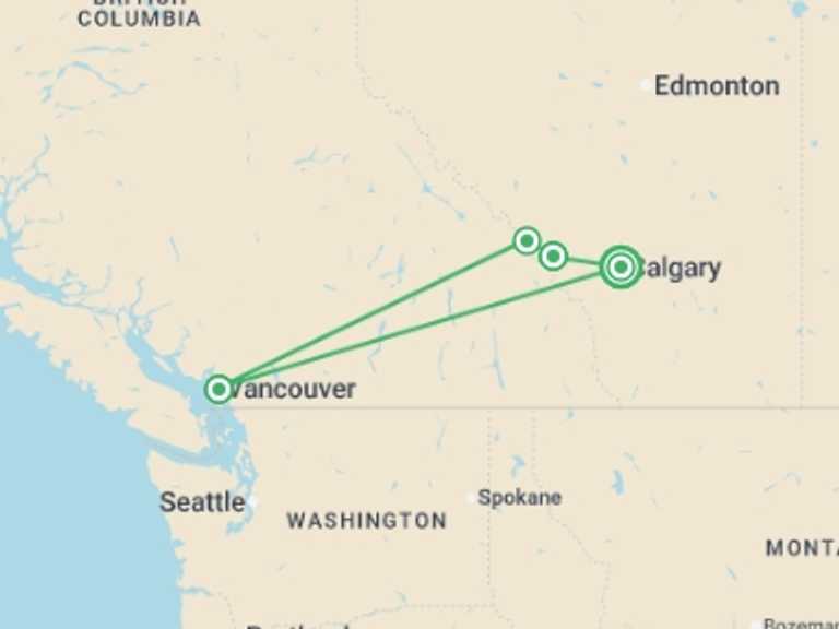 Map of Canada Natural landmarks sightseeing Tour with 6 destination visits for the trip: Canadian Rockies featuring Rocky Mountaineer Westbound