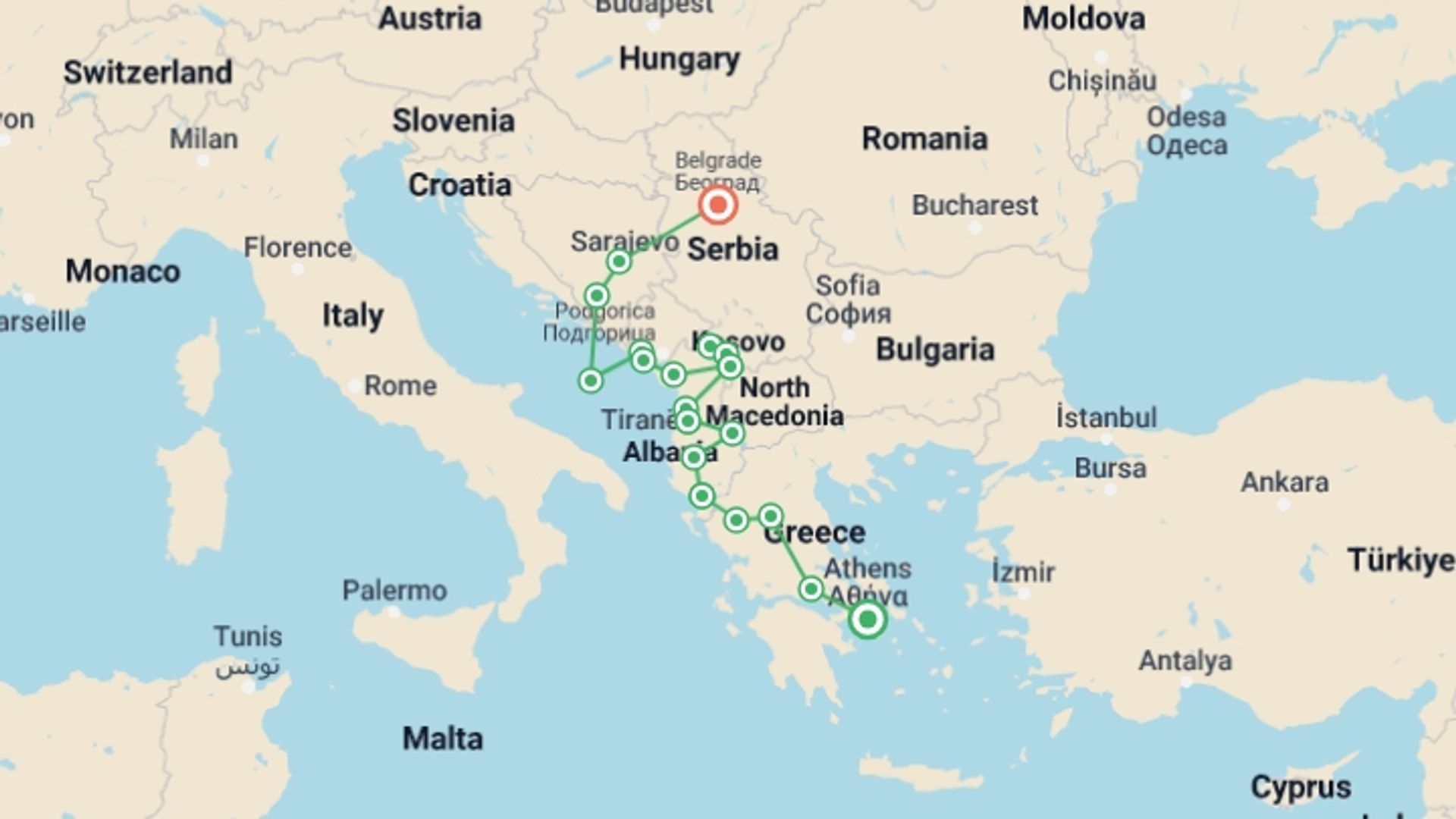 A map showing the tour itinerary for the trip: Semi-Private Balkans Tour; Athens to Sarajevo or Belgrade, starting in Athens, Greece and ending in Belgrade, Serbia going through 15 other destinations.
