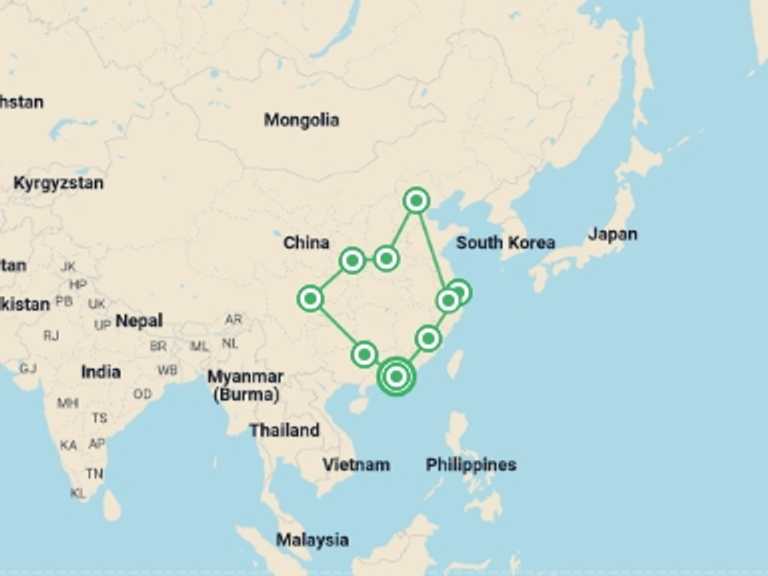 Map of a Explorer Tour with 9 destination visits for the trip: China Group Exploration 28D/27N