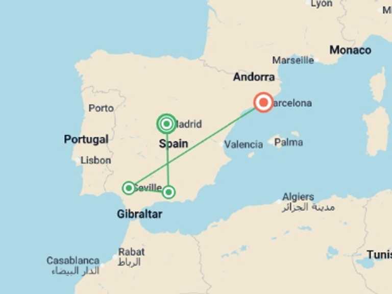 Map itinerary of Barcelona Tour in Summer with 4 destination visits for the trip: Highlights of Southern Spain
