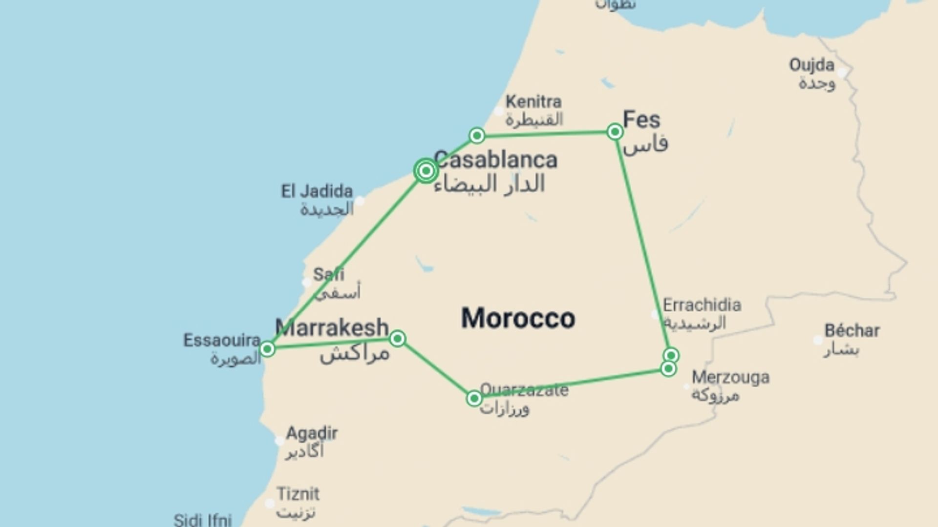 A map showing the tour itinerary for the trip: Treasures of Morocco, starting in Casablanca, Morocco and ending in Casablanca, Morocco going through 4 other destinations.