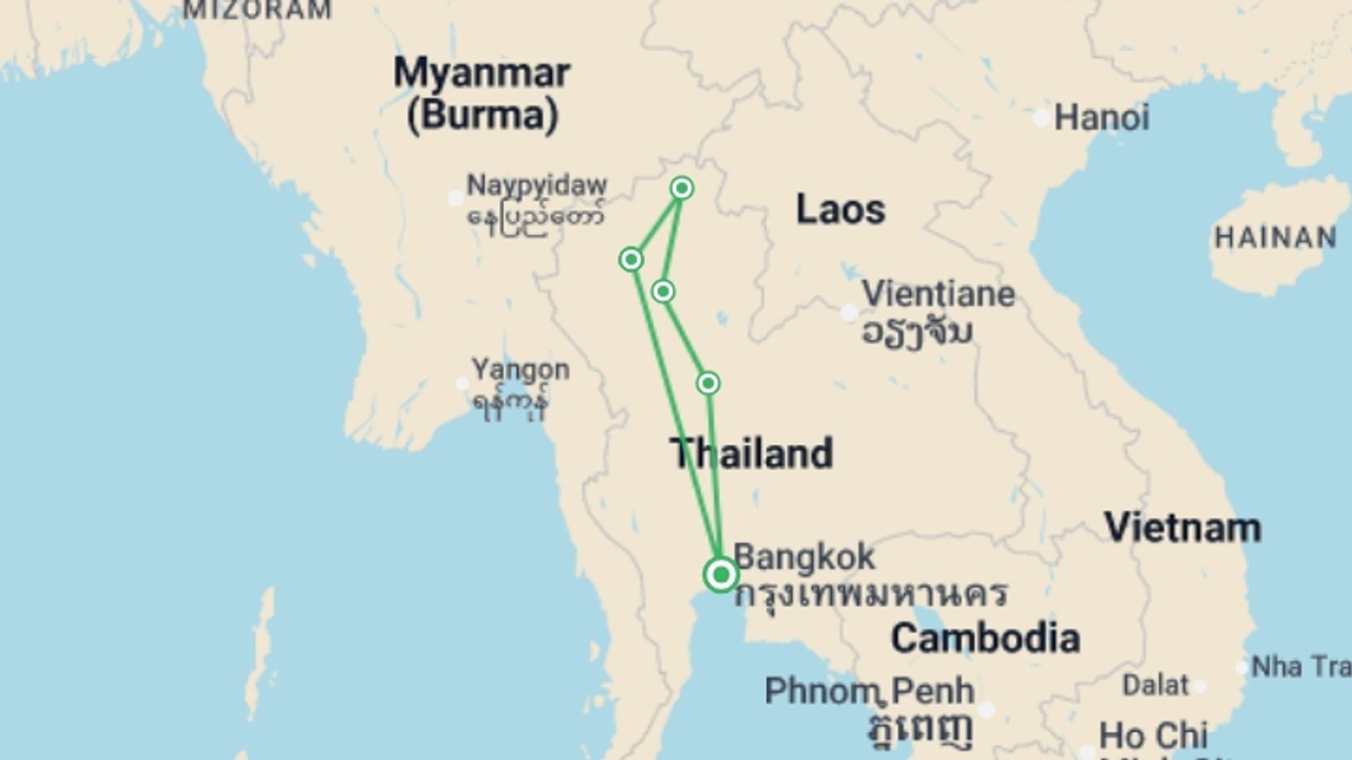 A map showing the tour itinerary for the trip: Last Minute Offer – Experience Thailand 6 Days, Small Group Tour (italian-speaking Guide), starting in Bangkok, Thailand and ending in Bangkok, Thailand going through 4 other destinations.