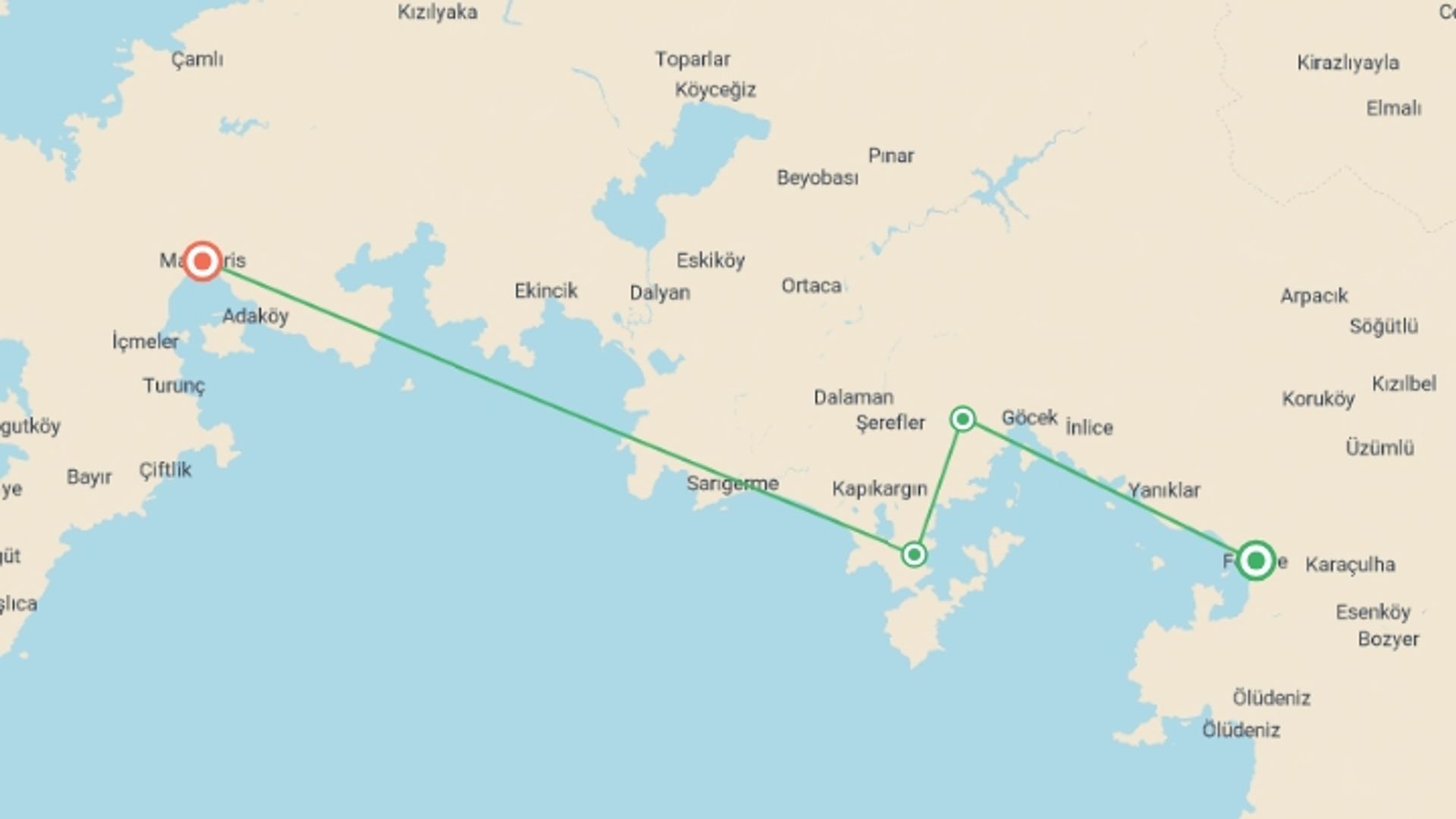 A map showing the tour itinerary for the trip: Fethiye to Marmaris - 4 days, starting in Fethiye, Turkey and ending in Marmaris, Turkey going through 2 other destinations.