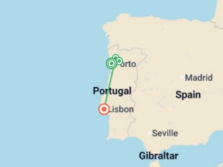 Map of Europe Cultural, religious and historic sites Tour with 2 destination visits for the trip: Portugal's Old-World Charms featuring Douro Valley, Alentejo & Lisbon