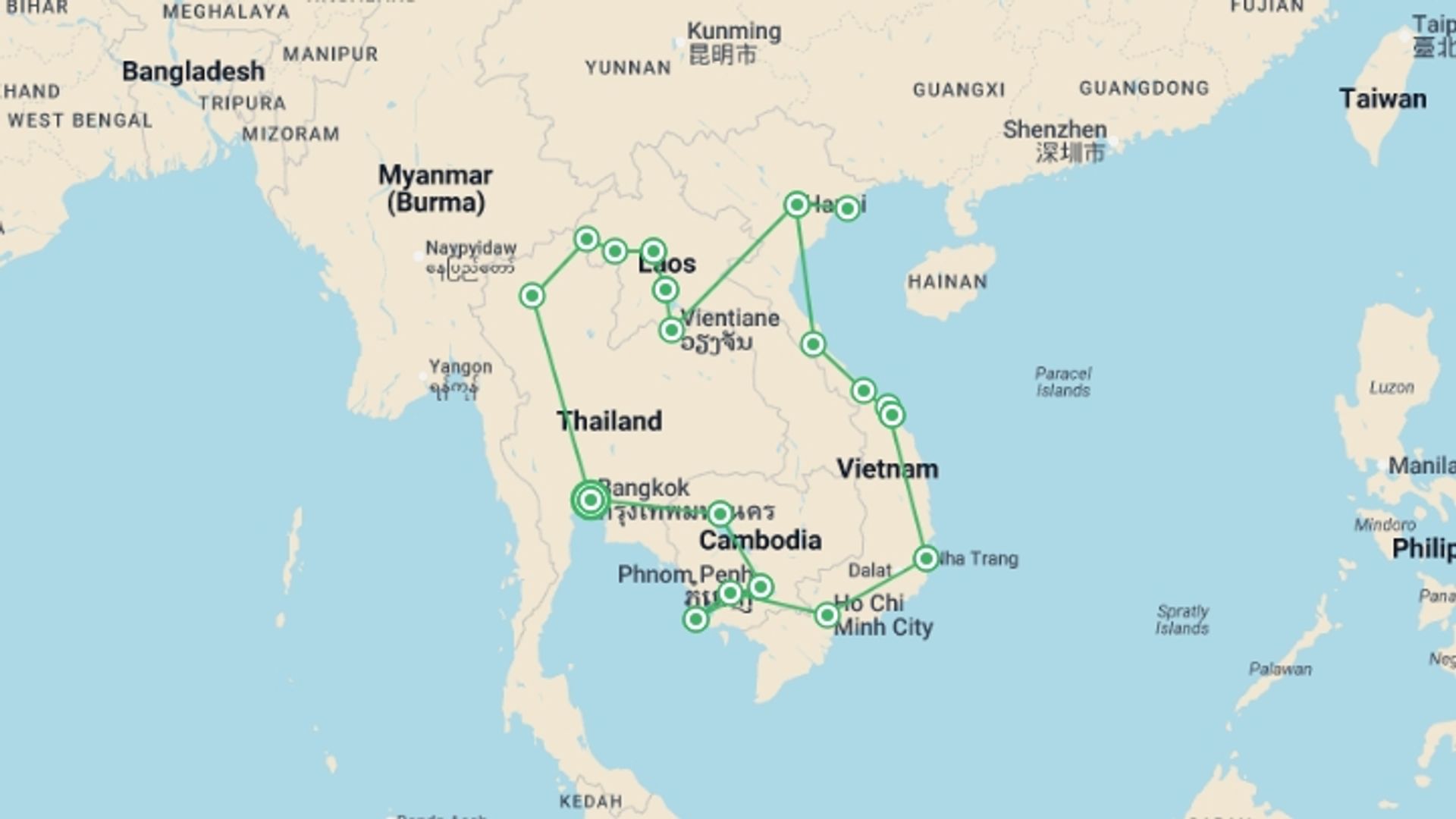 A map showing the tour itinerary for the trip: Southeast Asia Discovery: Seasides and Street Food, starting in Bangkok, Thailand and ending in Bangkok, Thailand going through 18 other destinations.