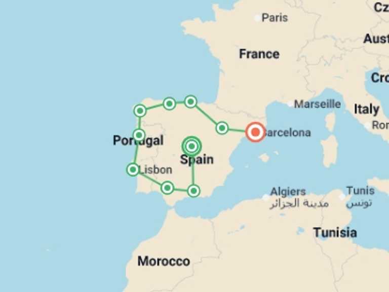 Map itinerary of Europe Tour in February 2027 with 10 destination visits for the trip: Treasures from Spain and Portugal