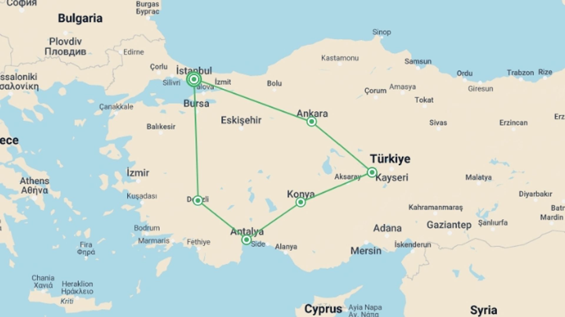 A map showing the tour itinerary for the trip: Magical Turkey Luxury Tour, starting in Istanbul, Turkey and ending in Istanbul, Turkey going through 5 other destinations.