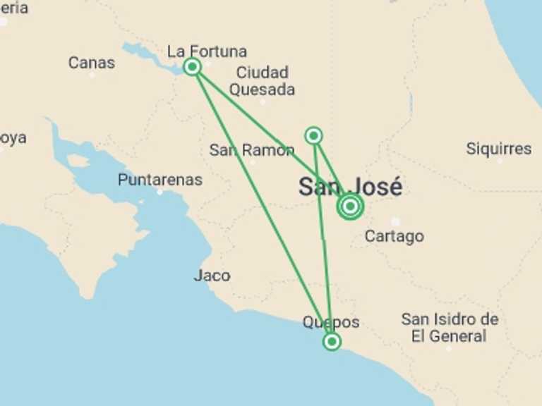 Map of a Self-drive or vehicle rental Tour with 4 destination visits for the trip: Costa Rica & Manuel Antonio 8 Days, Self-drive