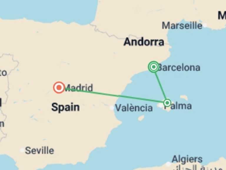 Map itinerary of Europe Tour in Summer with 3 destination visits for the trip: Enchanting Spain and Mallorca Island