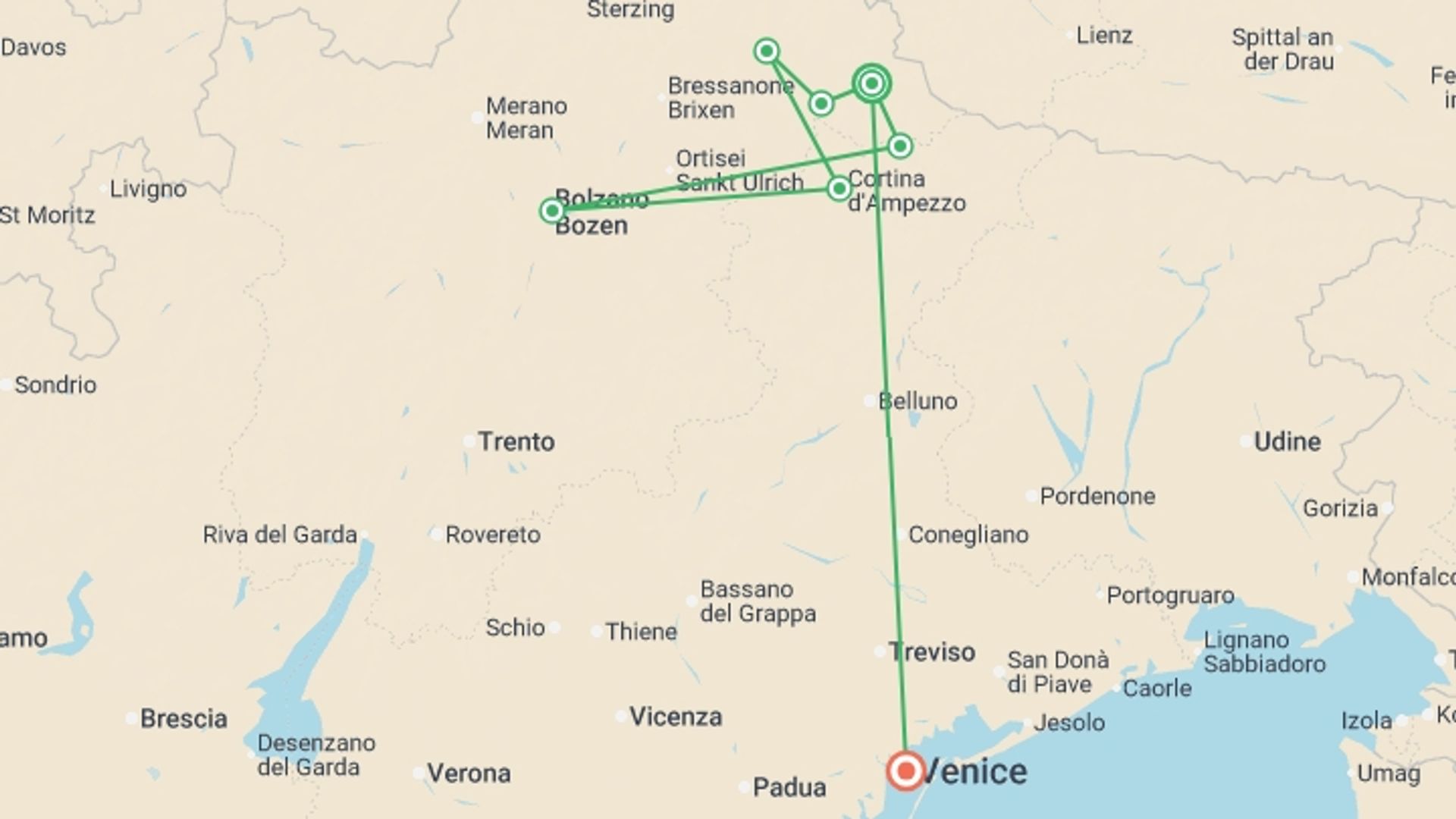A map showing the tour itinerary for the trip: Hiking in the Dolomites, starting in Dobbiaco, Italy and ending in Venice, Italy going through 5 other destinations.
