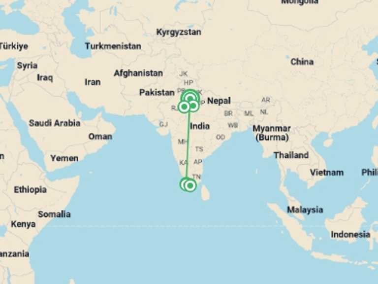 Map of 11-Day New Delhi Tour with 7 destination visits for the trip: Golden Triangle With Kerala,  Supersaver