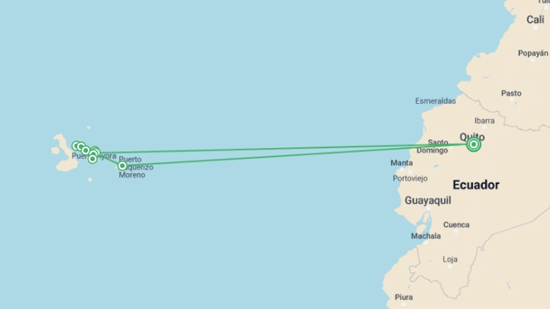 A map showing the tour itinerary for the trip: Classic Galapagos: Central Eastern Islands (Grand Queen Beatriz), starting in Quito, Ecuador and ending in Quito, Ecuador going through 7 other destinations.