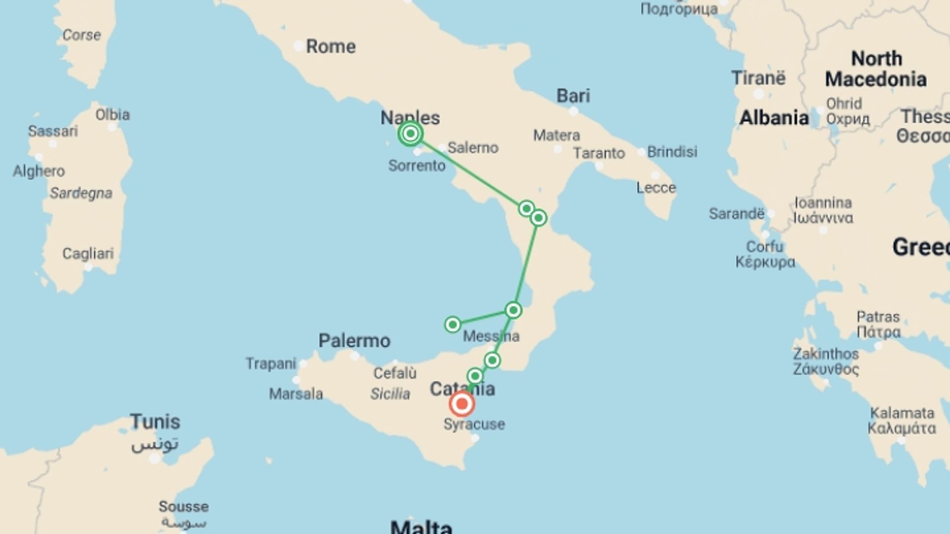 A map showing the tour itinerary for the trip: Calabria: Naples to Catania, starting in Naples, Italy and ending in Catania, Italy going through 5 other destinations.
