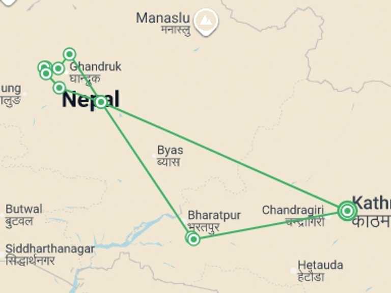 Map itinerary of Kathmandu Tour in October 2026 with 8 destination visits for the trip: Annapurna Chitwan