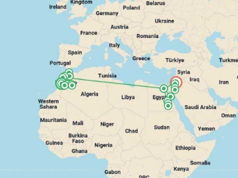 Map itinerary of Africa Tour in Fall with 19 destination visits for the trip: 21 Day Morocco, Egypt and Jordan Tour