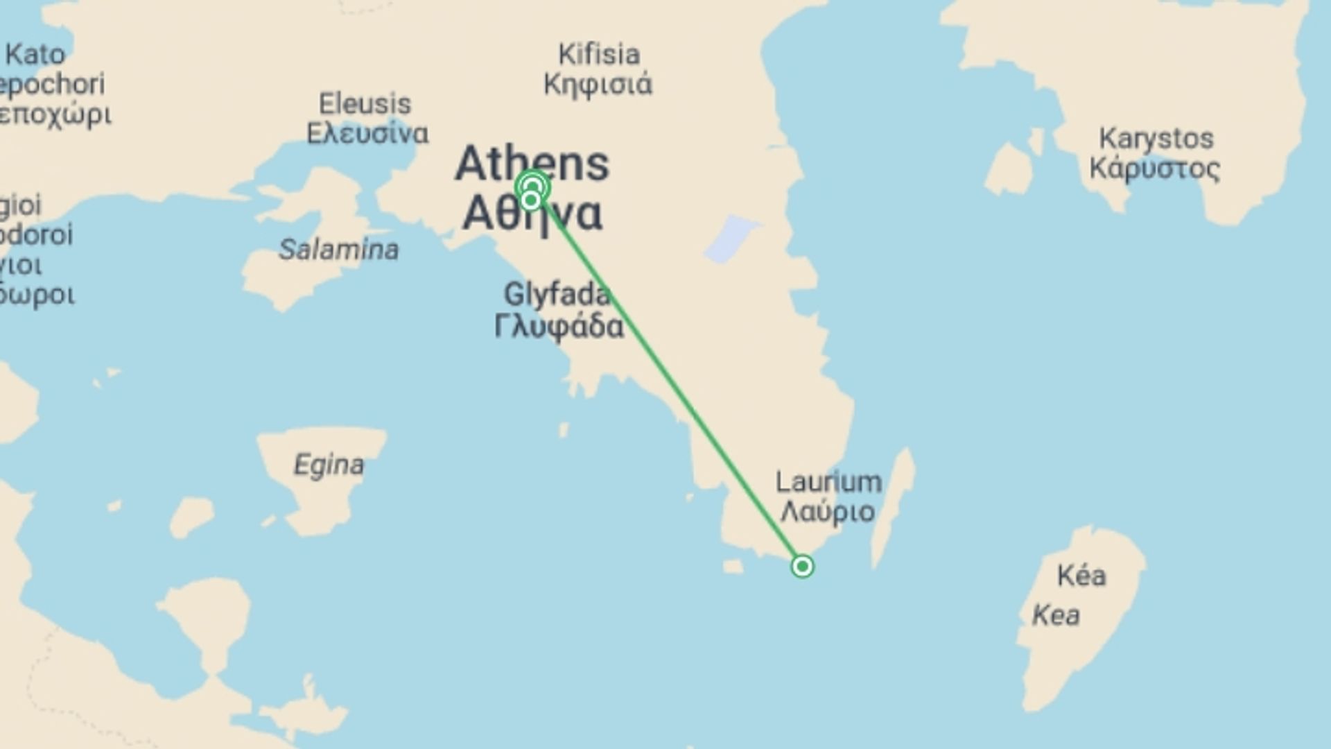 A map showing the tour itinerary for the trip: Highlights Of Athens, Private Tour, starting in Athens, Greece and ending in Athens, Greece going through 0 other destinations.