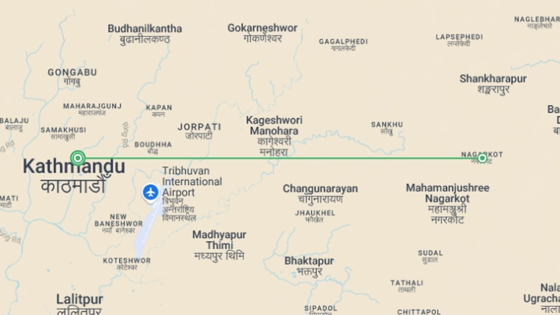 A map showing the tour itinerary for the trip: Luxury Kathmandu Tour with Everest view, starting in Kathmandu, Nepal and ending in Kathmandu, Nepal going through 1 other destinations.