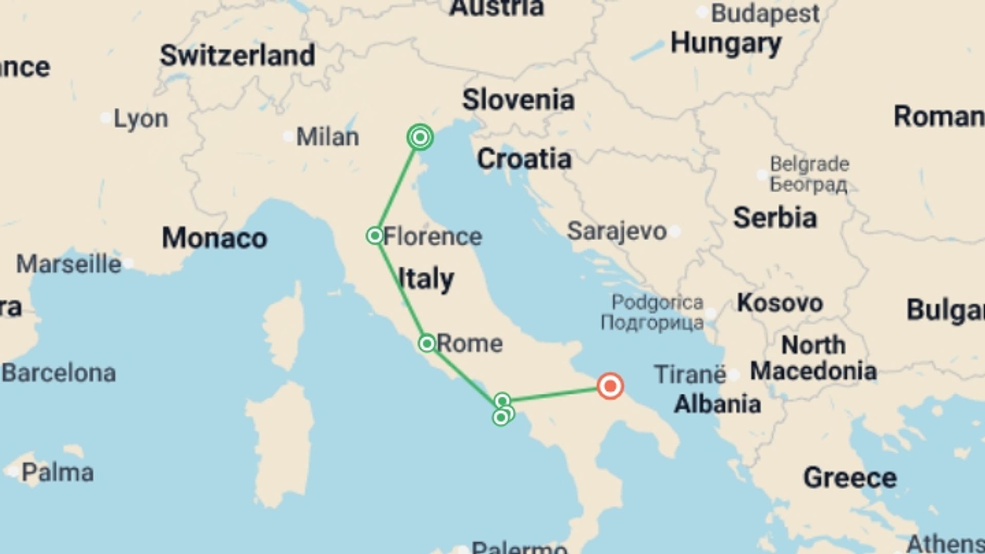 A map showing the tour itinerary for the trip: Italy Unveiled: Discover Italy from North to South, starting in Venice, Italy and ending in Bari, Italy going through 6 other destinations.