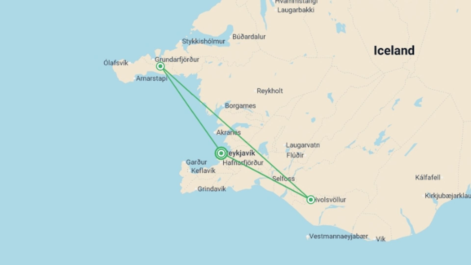 A map showing the tour itinerary for the trip: Explore Iceland: Golden Circle & Snaefellsnes Peninsula, starting in Reykjavik, Iceland and ending in Reykjavik, Iceland going through 2 other destinations.