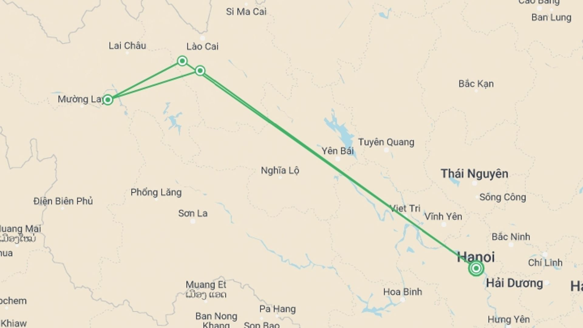 A map showing the tour itinerary for the trip: Sapa Village Trek and Topas Ecolodge Retreat, starting in Hanoi, Vietnam and ending in Hanoi, Vietnam going through 3 other destinations.