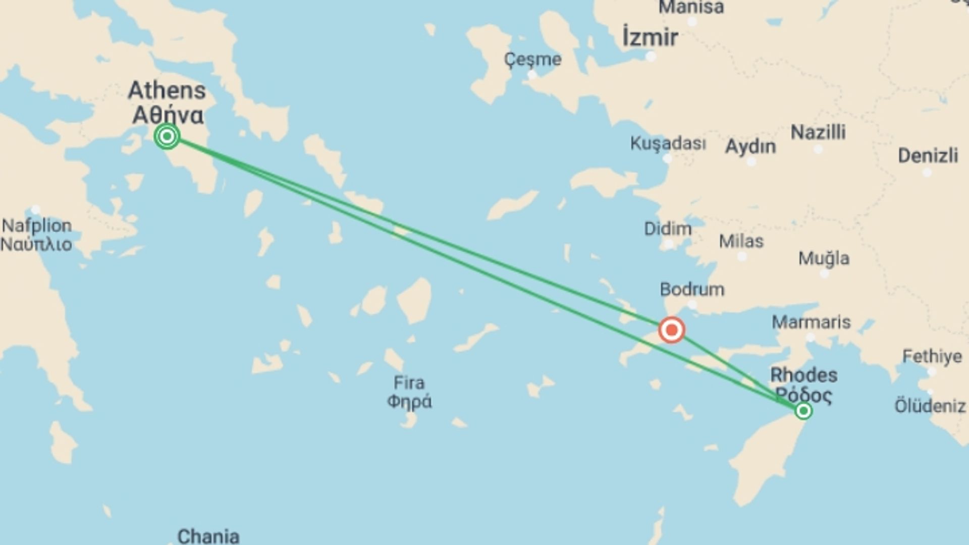 A map showing the tour itinerary for the trip: Discover The Greek Islands, starting in Athens, Greece and ending in Kos, Greece going through 1 other destinations.