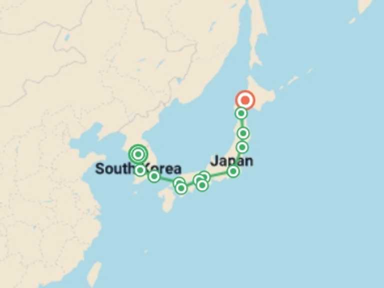 Map of Asia Tour with 13 destination visits for the trip: Classical Korea and Japan