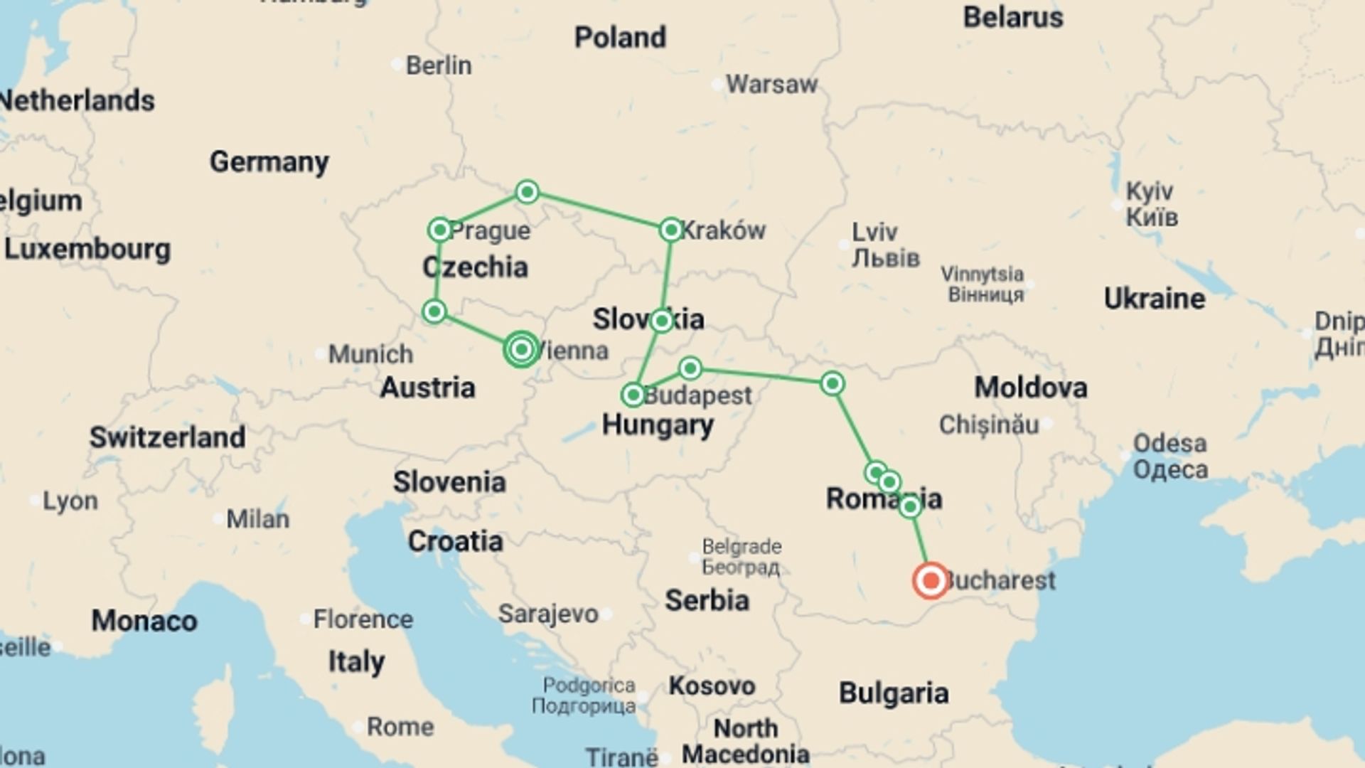 A map showing the tour itinerary for the trip: Journey through Central Europe & Romania, starting in Vienna, Austria and ending in Bucharest, Romania going through 11 other destinations.