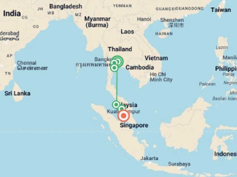 Map itinerary of Bangkok Tour in Fall with 6 destination visits for the trip: Thailand and Malaysia Explorer
