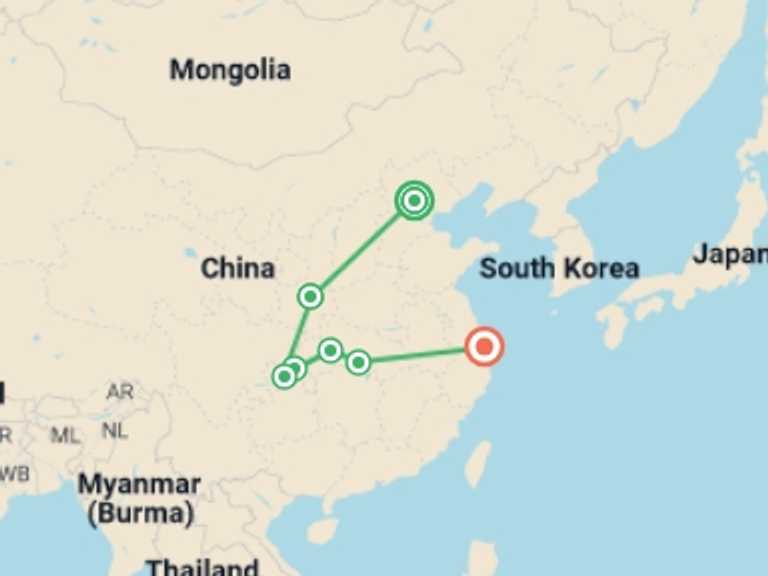 Map itinerary of China Tour in July 2027 with 7 destination visits for the trip: 12-Day Private Tour of China 