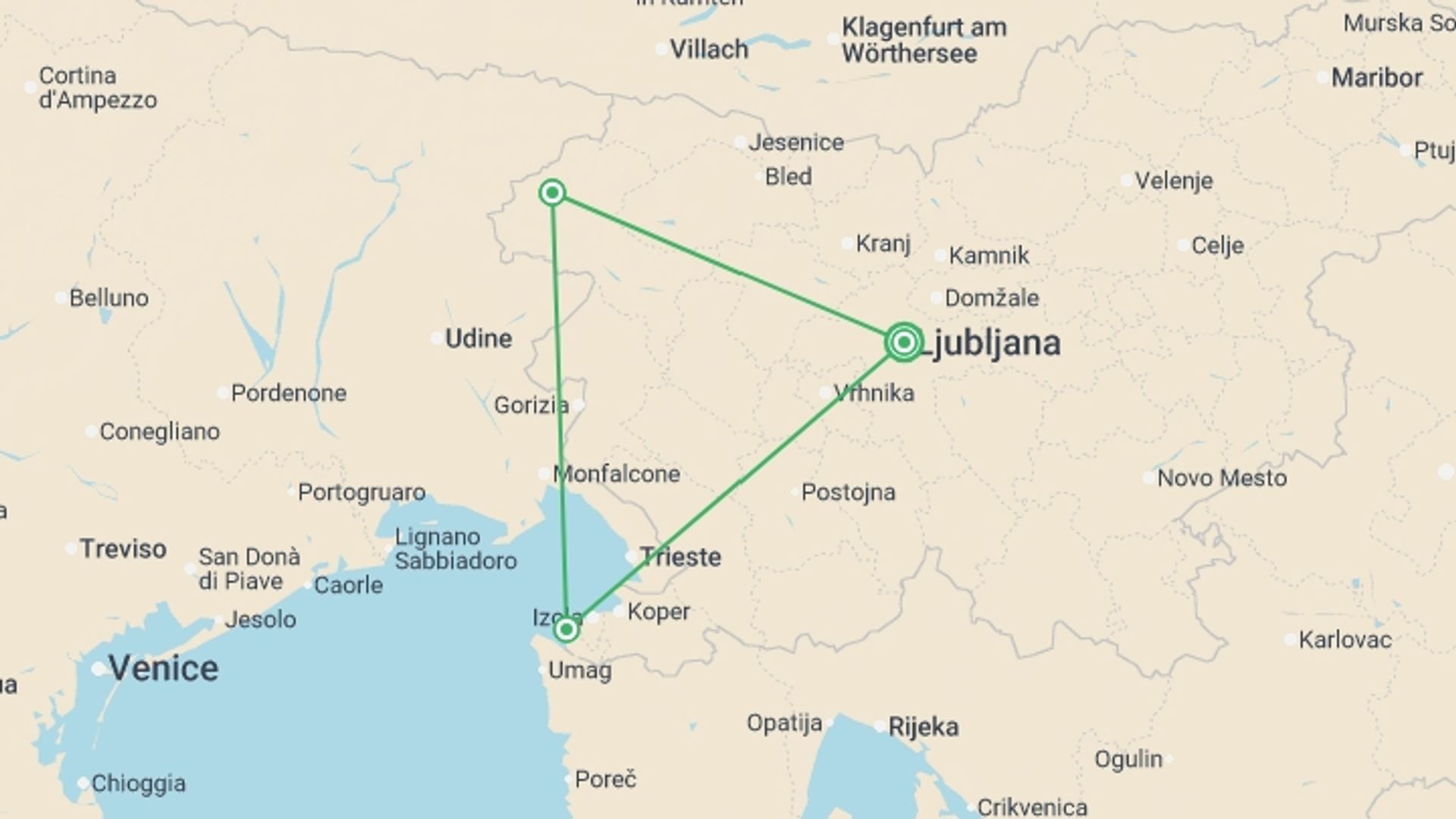 A map showing the tour itinerary for the trip: Slovenia Family Holiday with Teenagers, starting in Ljubljana, Slovenia and ending in Ljubljana, Slovenia going through 2 other destinations.