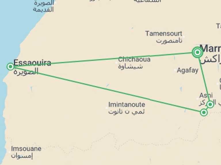 Map itinerary of Marrakech Tour in May 2027 with 4 destination visits for the trip: Premium Hiking and Trekking in Morocco