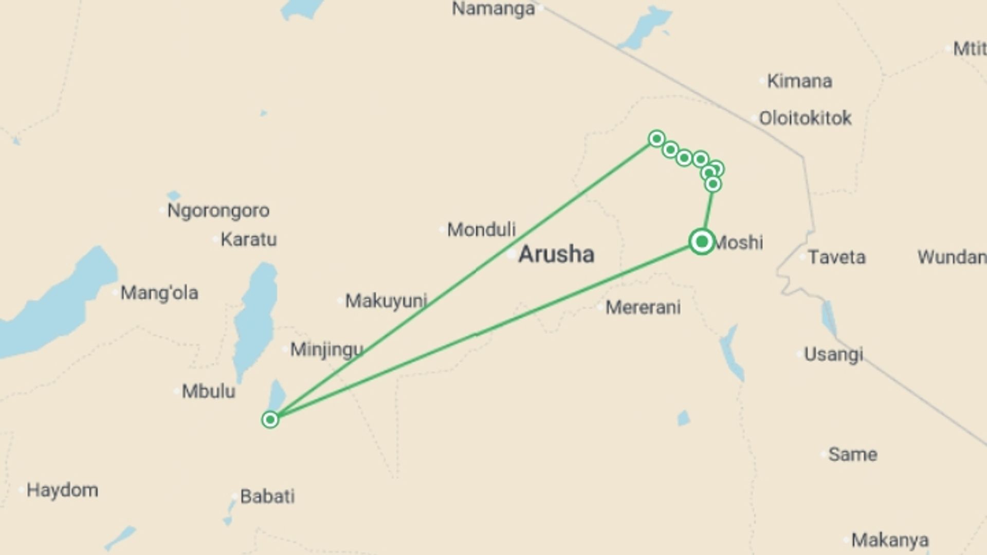 A map showing the tour itinerary for the trip: 8-Day Kilimanjaro Climbi via Lemosho route, starting in Moshi, Tanzania and ending in Moshi, Tanzania going through 9 other destinations.