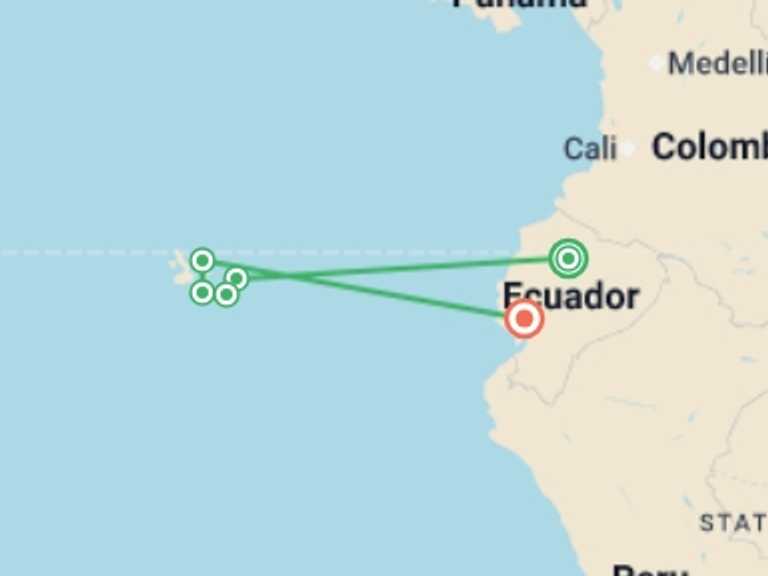 Map itinerary of South America Tour in February 2026 with 6 destination visits for the trip: Galapagos Escape - Solaris (Itinerary C)