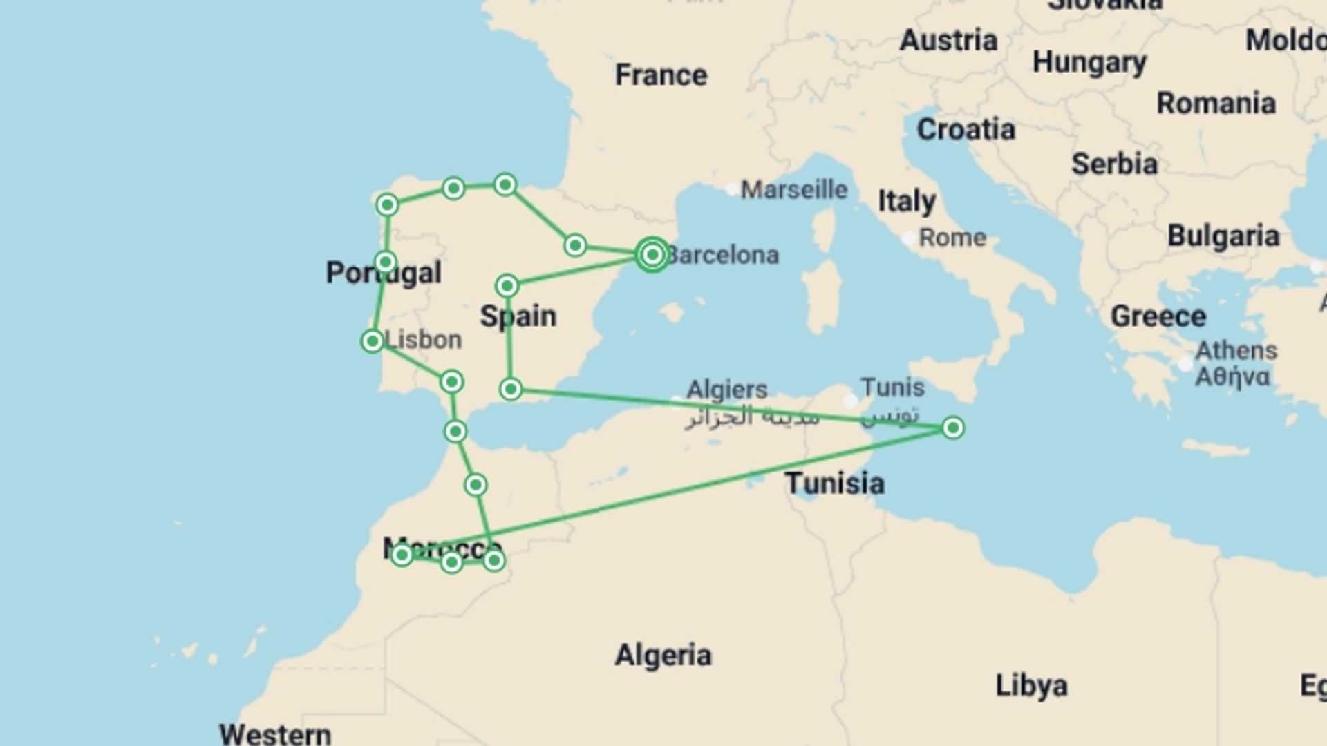 A map showing the tour itinerary for the trip: The Big Tour of Spain, Morocco and Portugal (without Alhambra), starting in Barcelona, Spain and ending in Barcelona, Spain going through 15 other destinations.