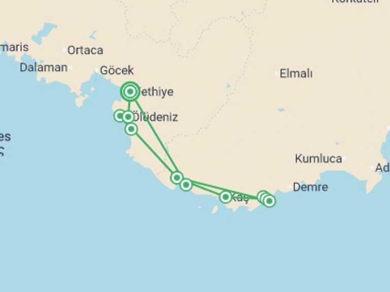 Map itinerary of Fethiye Tour in Spring with 6 destination visits for the trip: Fethiye and Kekova Gulet