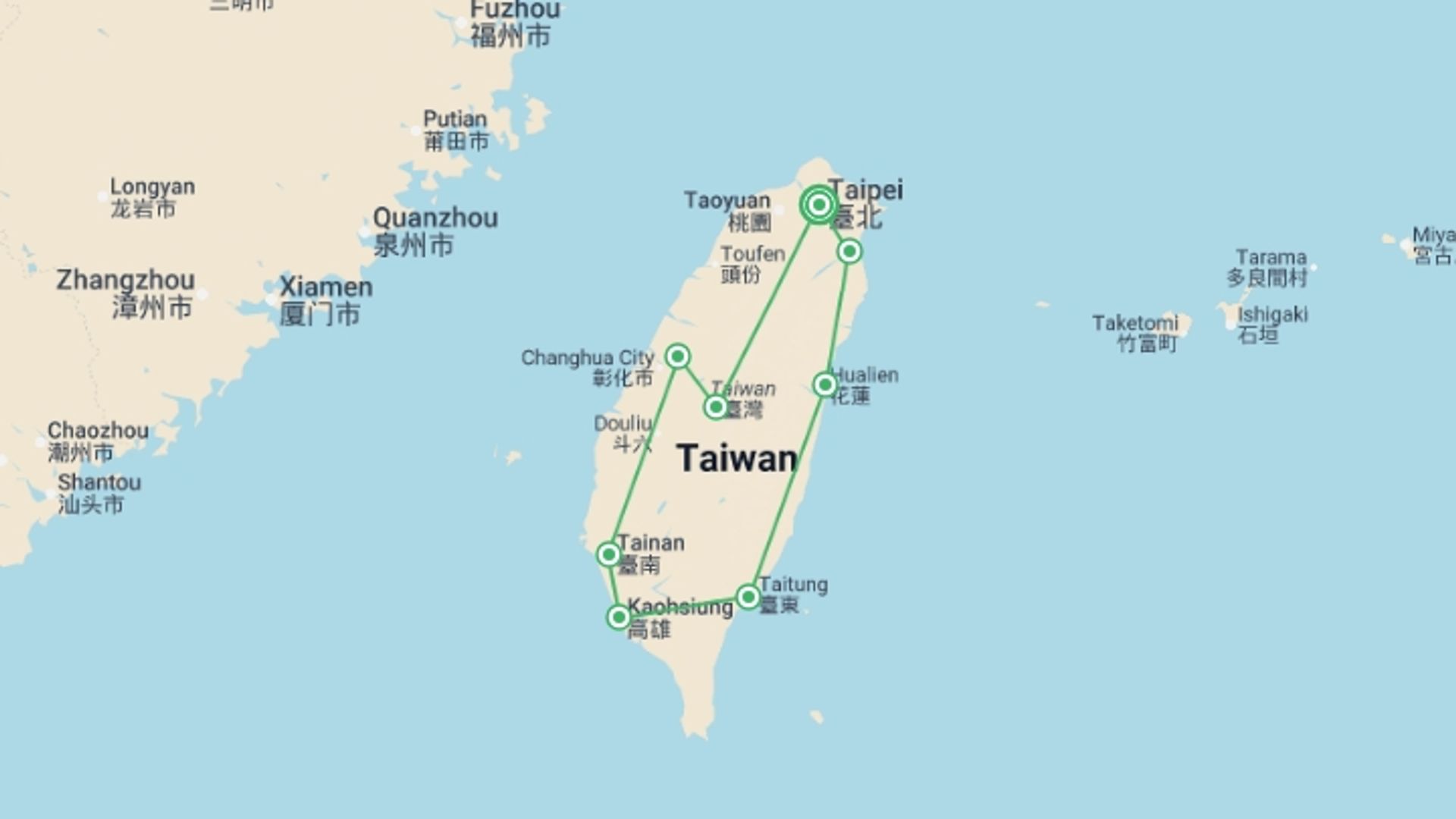 A map showing the tour itinerary for the trip: Taiwan Discovered - 8 days, starting in Taipei, Taiwan and ending in Taipei, Taiwan going through 4 other destinations.