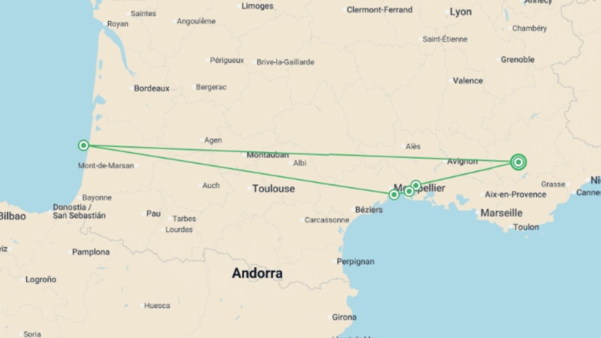 A map showing the tour itinerary for the trip: A Taste of the Mediterranean: A Cruise through the Heart of Provence and the Camargue Region (port-to-port cruise), starting in Provence, France and ending in Provence, France going through 5 other destinations.