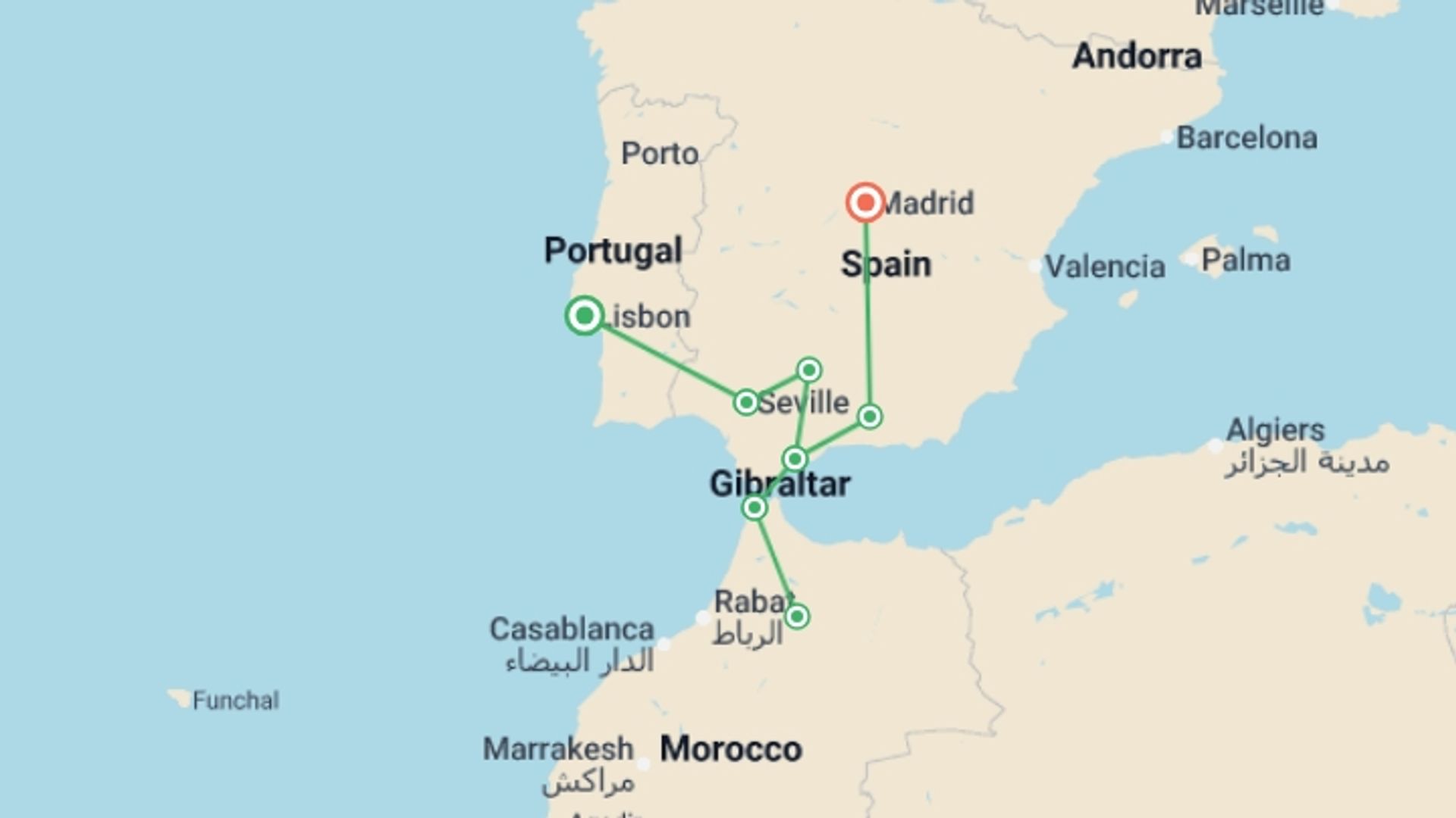 A map showing the tour itinerary for the trip: Lisbon, Andalucia & Morocco - 10 days, starting in Lisbon, Portugal and ending in Madrid, Spain going through 6 other destinations.