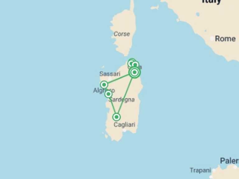 Map itinerary of Italy Tour in July 2026 with 4 destination visits for the trip: North to South Sardinia Express