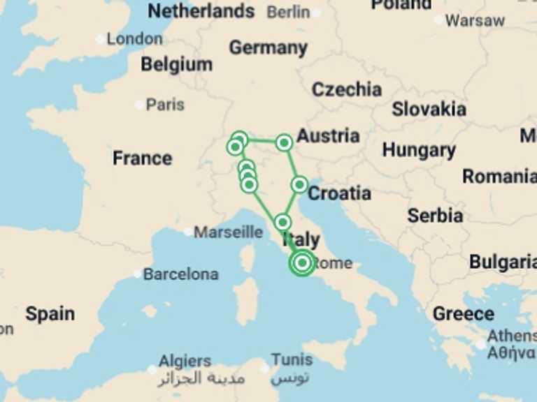 Map of a City sightseeing Tour with 5 destination visits for the trip: Italy and Switzerland