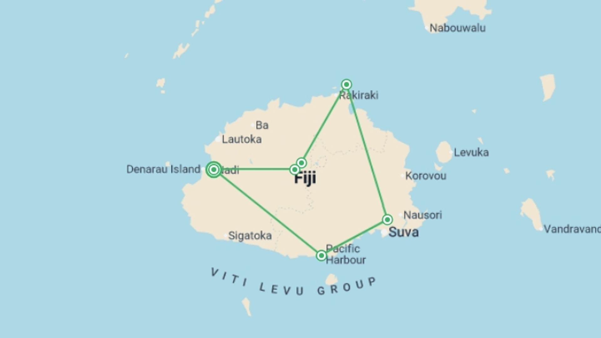 A map showing the tour itinerary for the trip: Fiji: Hike, Raft & Snorkel, starting in Nadi, Fiji and ending in Nadi, Fiji going through 5 other destinations.