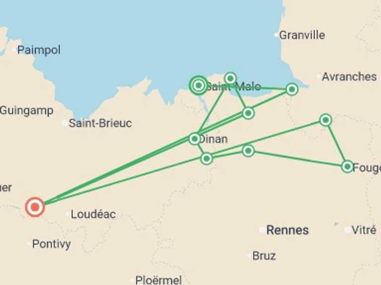 Map itinerary of Europe Tour in September 2026 with 6 destination visits for the trip: Brittany Walled Towns