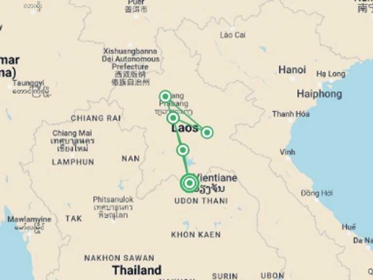 Map of Luang Prabang Cultural, religious and historic sites Tour with 5 destination visits for the trip: Discover Laos in Comfort
