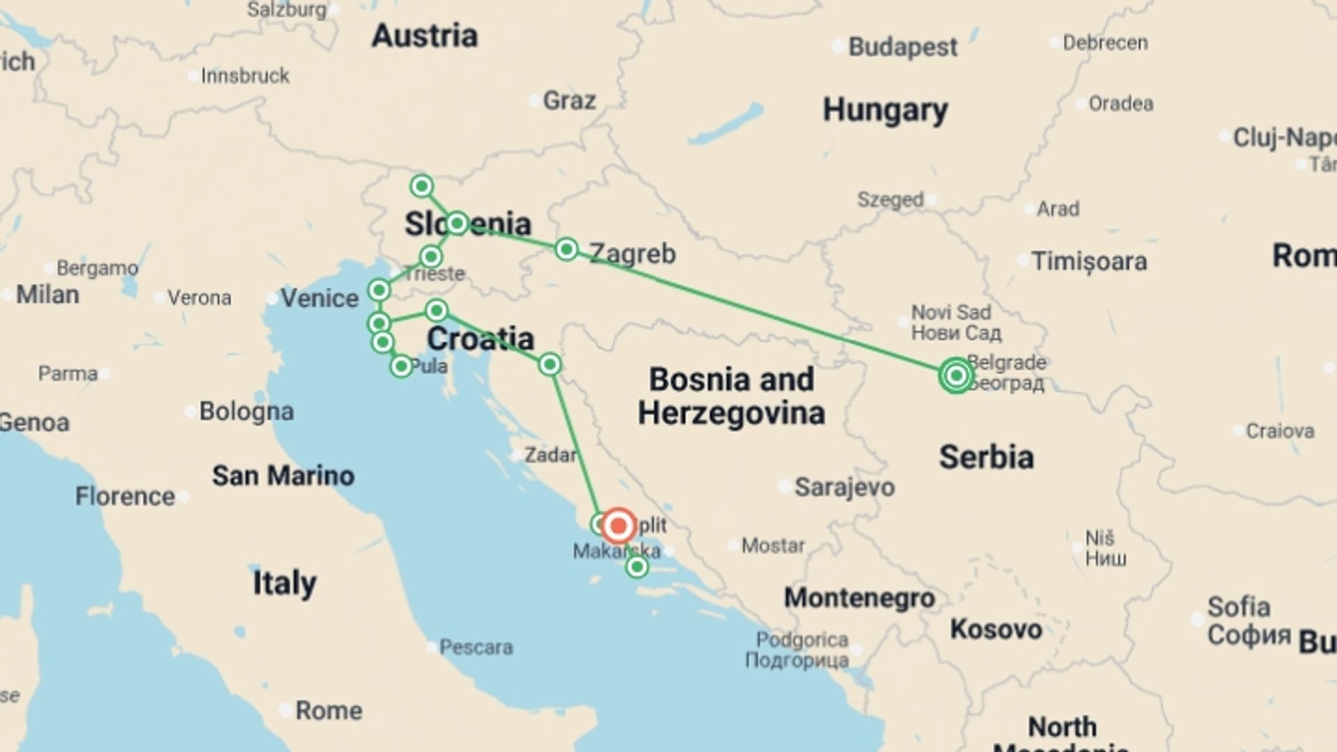 A map showing the tour itinerary for the trip: Belgrade to Split Superior - 11 days, starting in Belgrade, Serbia and ending in Split, Croatia going through 4 other destinations.