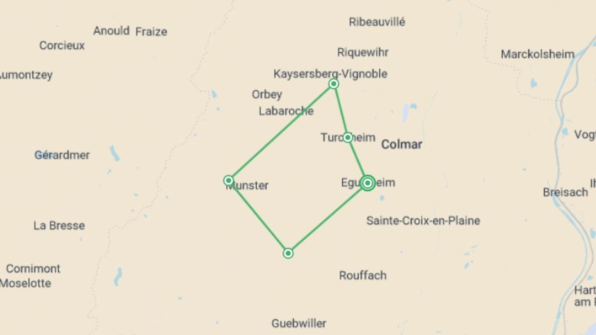 A map showing the tour itinerary for the trip: Alsace Mountains & Vineyards Walk, starting in Alsace & Lorraine, France and ending in Eguisheim, France going through 3 other destinations.